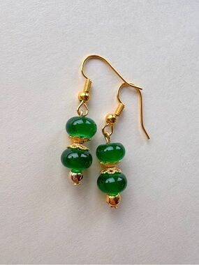 Gold-Tone Earrings with Deep Green Glass Beads